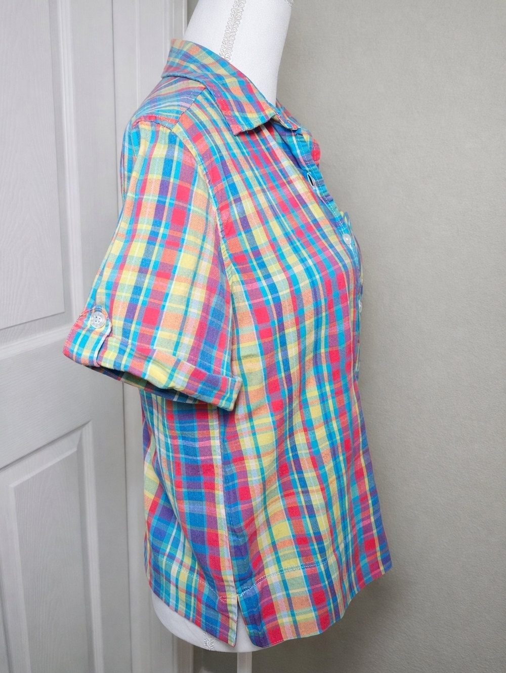 Erika Colorful Plaid Shirt Small Boxy Cotton Madras 90s Y2K Casual Preppy - Picture 3 of 5